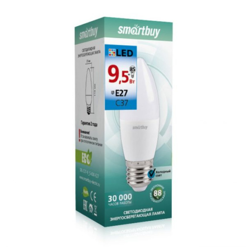 Лампа светодиодная (LED) Smartbuy-C37-9,5W/6000/Е27