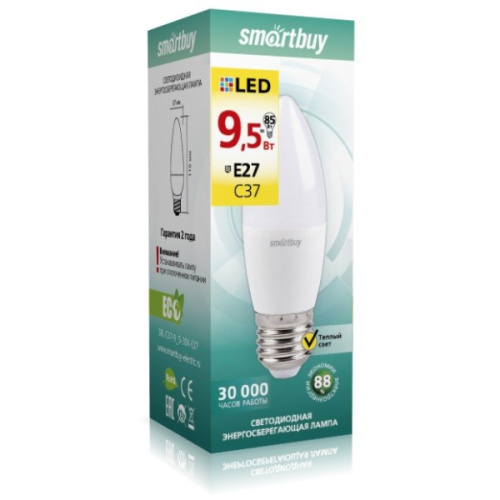 Лампа светодиодная (LED) Smartbuy-C37-9,5W/3000/Е27