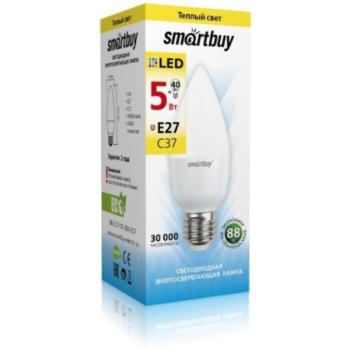 Лампа светодиодная (LED) Smartbuy-C37-05W/3000/E27